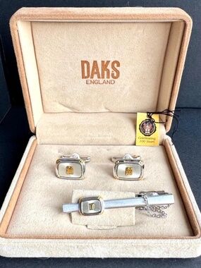 Vintage DAKS England Cufflinks Tie Clip Set Two Tone w/ Box Centennial Mens Gift